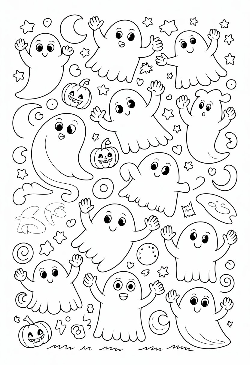 Halloween Coloring Pages Cute Collection of 20 Fun and Easy Designs 24 A group of cute ghosts waving happily surrounded by Halloween-themed decorations like pumpkins and stars.